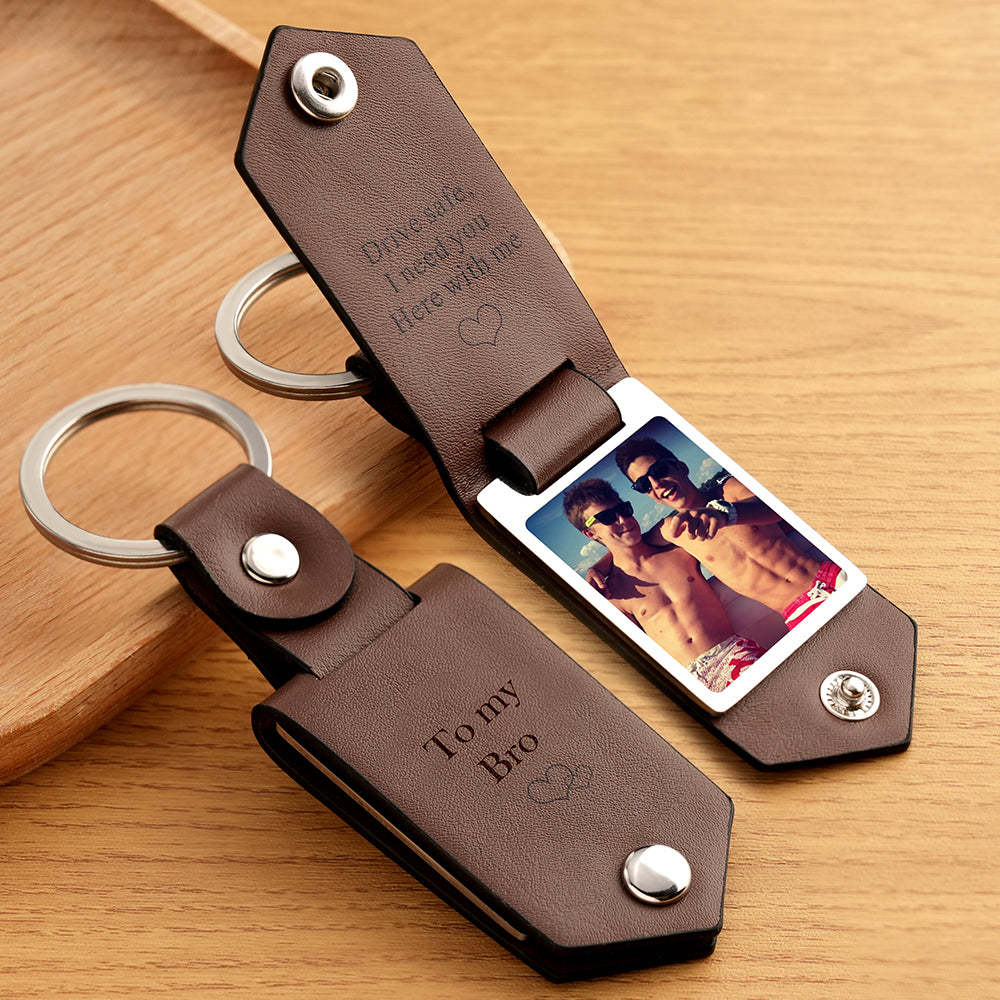 Drive Safe Keychain to My Bro Custom Leather Photo Text Keychain with Engraved Text