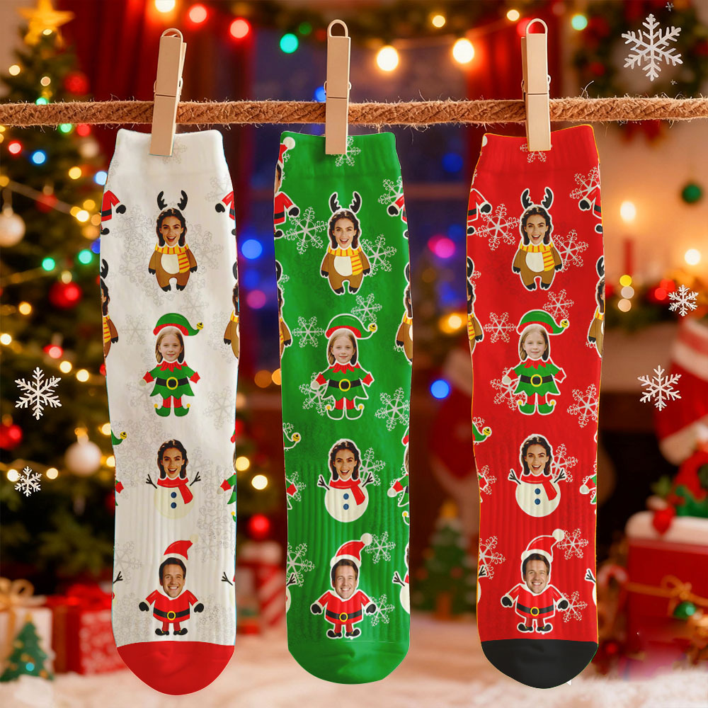 Custom Face Printed Socks Christmas Gift Snowflake Deer Pattern Personalized Custom Designs Best Santa Gift Idea - MyFaceSocksAU