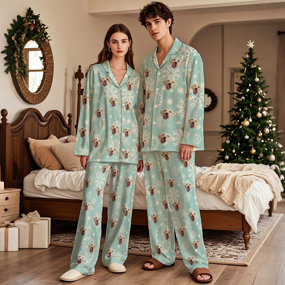 Custom Green Palm Tree Leaves Christmas Face Long Sleeve Pajamas Face Pajamas with Pet Face Personalized Photo Pajamas Gift - MyFaceSocksAU