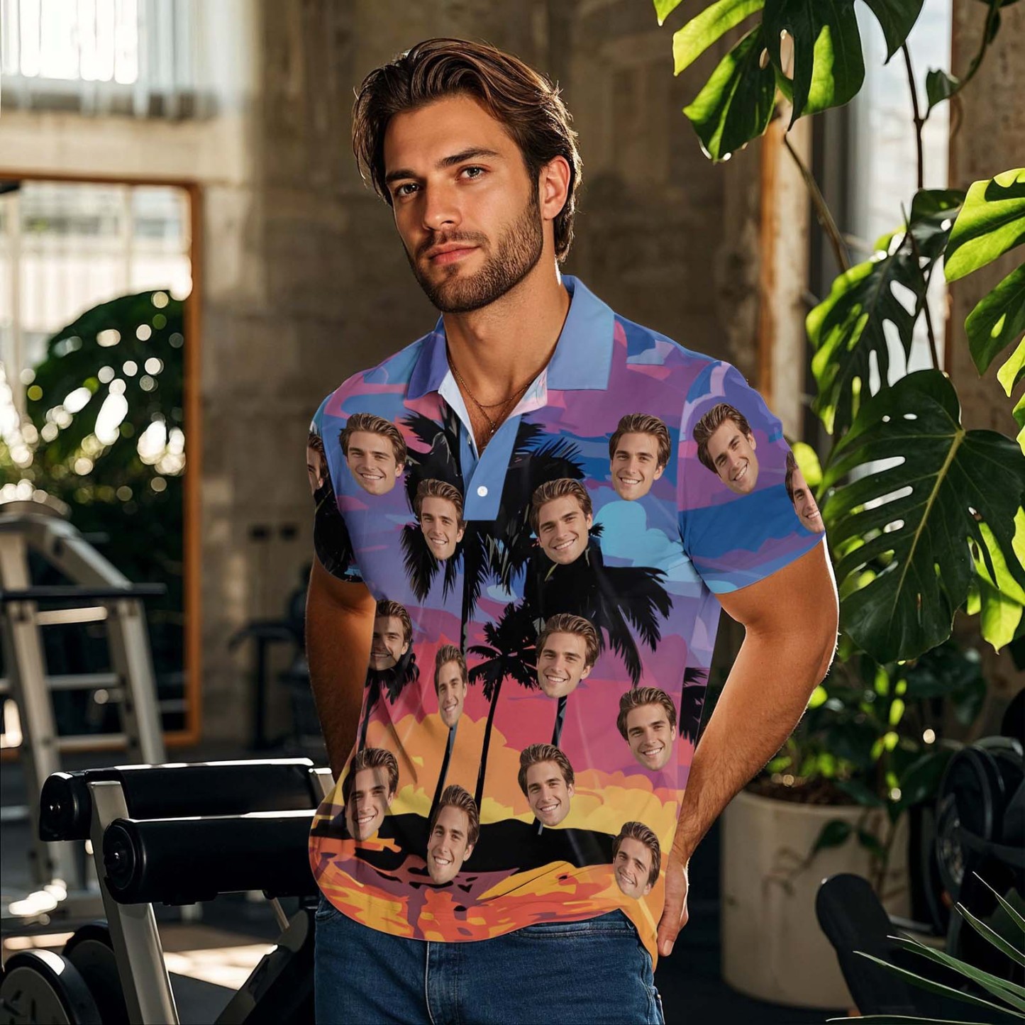 Custom Face Polo Sunset Blue Palm Trees Golf Polo Shirt Text or Not Team Polo Shirt - MyFaceSocksAU