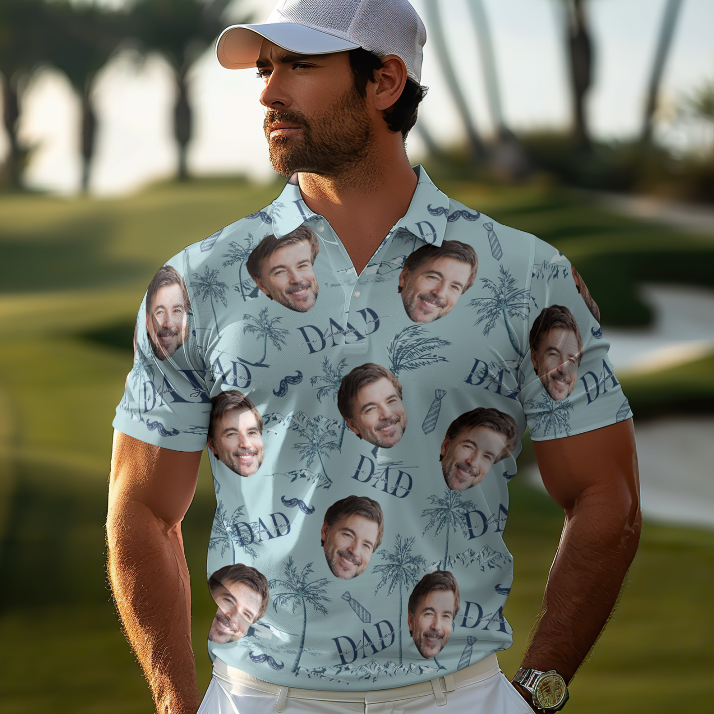 Custom Face Polo Hawaiian Blue Golf Polo Shirt Dad Beard Men's Polo Shirt Fathers Day Gift - MyFaceSocksAU