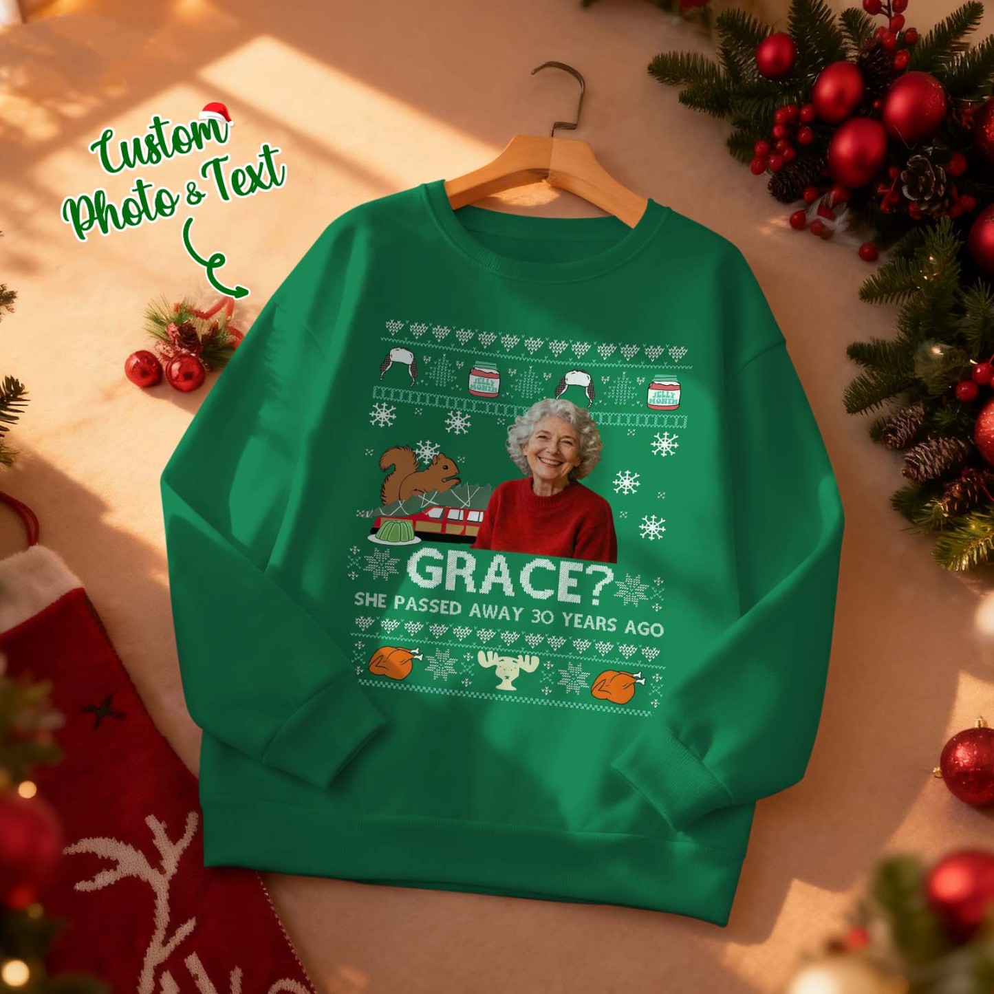 Custom Face Round Neck Hoodie Custom Face Retro Vintage Portrait Christmas Sweatshirt Memory Gift - MyFaceSocksAU