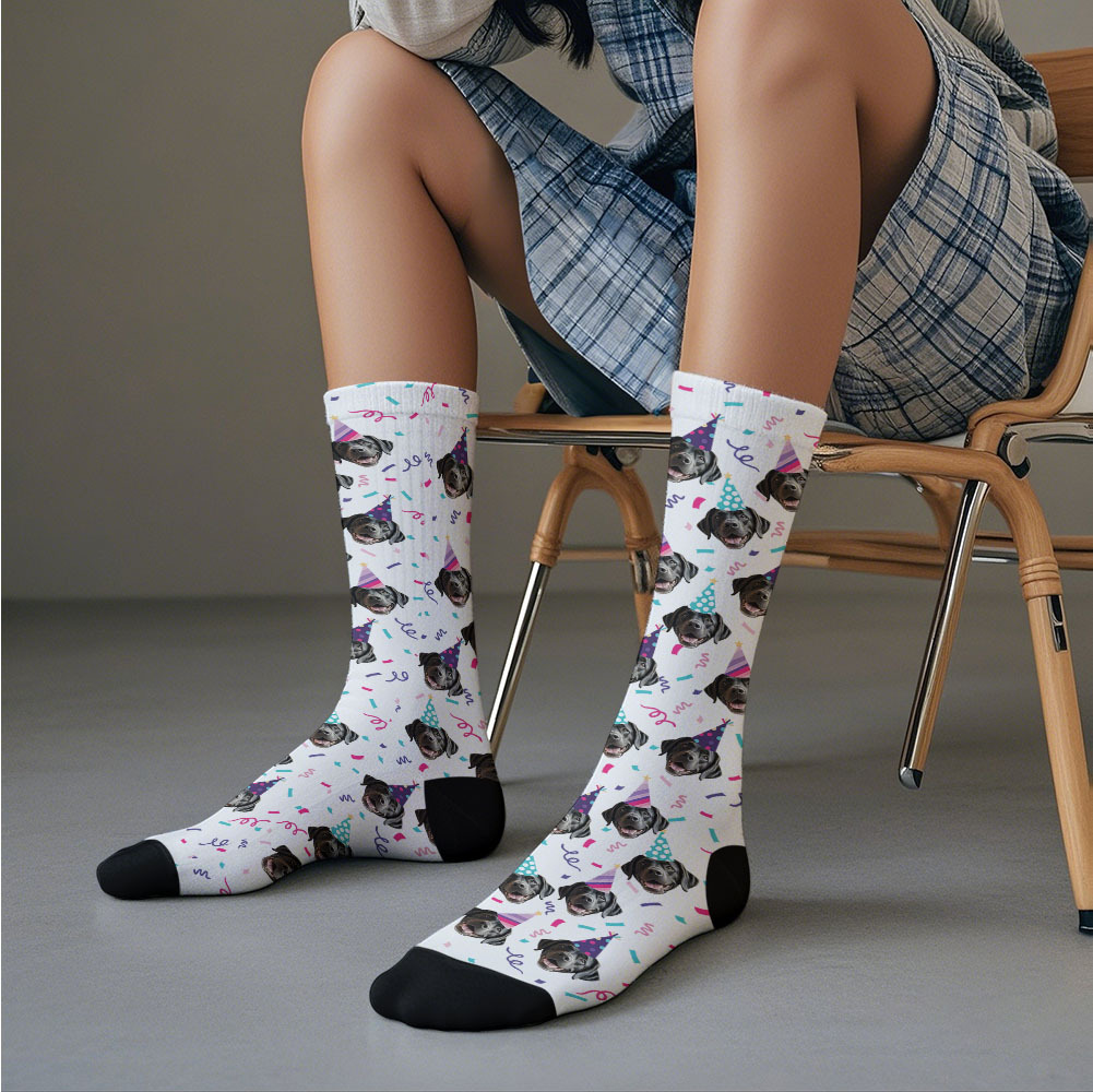 Personalized Face Photo Printed Socks Happy Birthday Hat White Socks Personalized Custom Designs Best Gift Idea - MyFaceSocksAU
