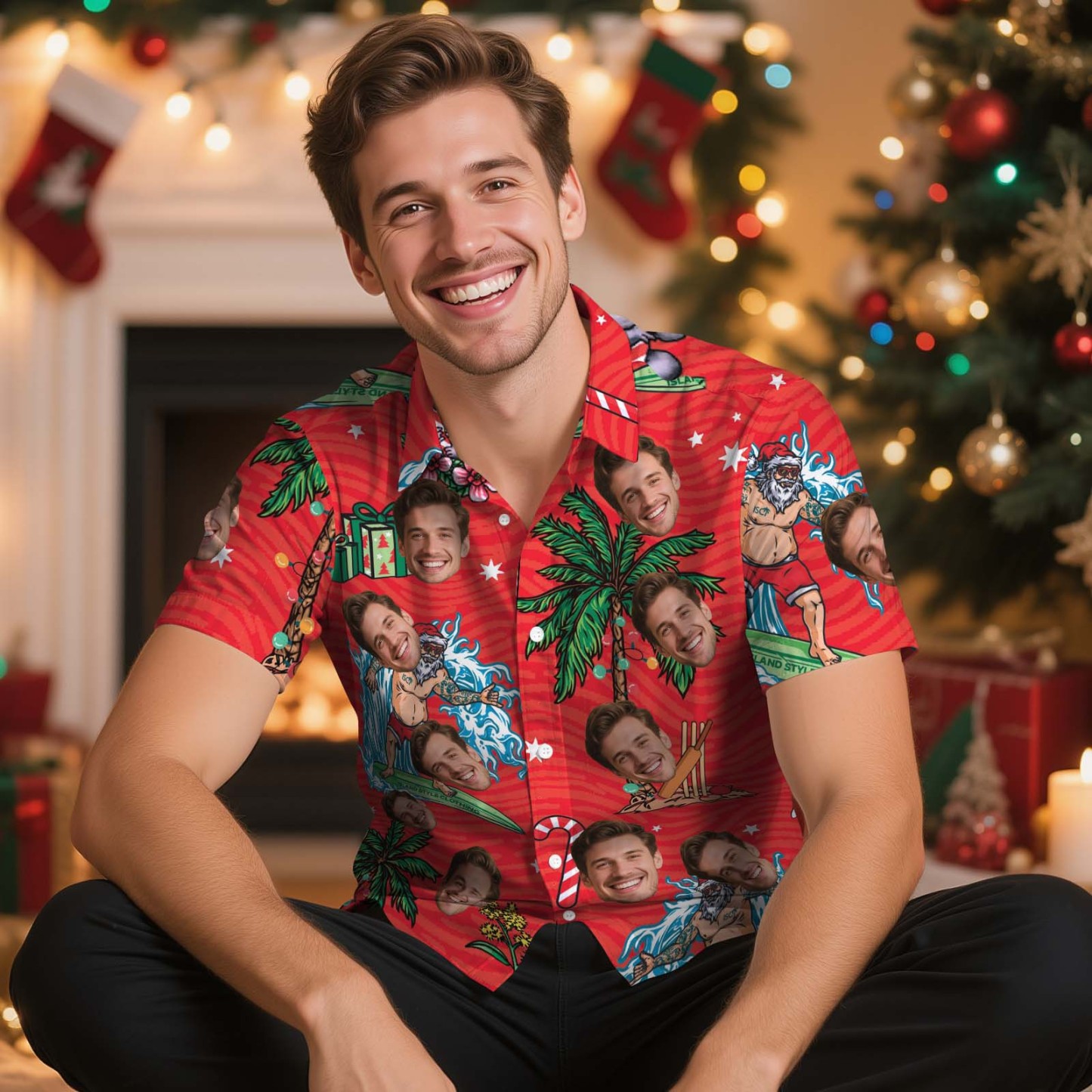 Custom Funny Green Santa Face Shirt Personalized Men Hawaiian Shirt With Face Photo Hawaiian Shirt Aloha Shirt Christmas Gift - MyFaceSocksAU