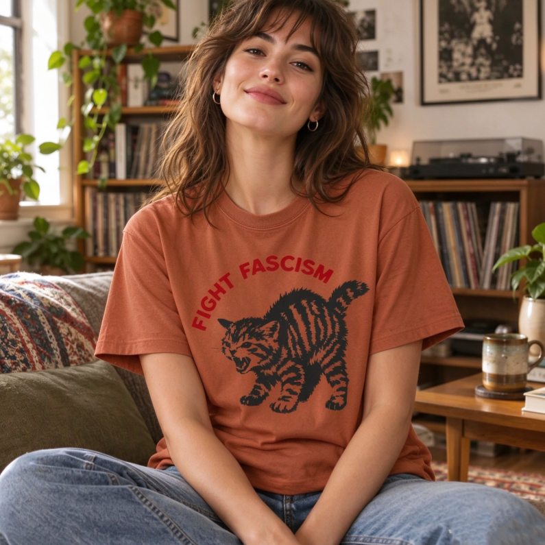Fight Fascism Tabby Cat T-Shirt – Bold Statement Tee for Activists & Gift Givers This Holiday - MyFaceSocksAU