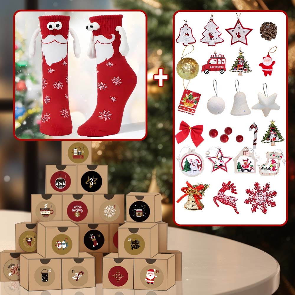 Christmas Countdown Calendar Gift Box - 23 Christmas Ornaments + 1 Magnetic Socks/Christmas Socking - MyFaceSocksAU