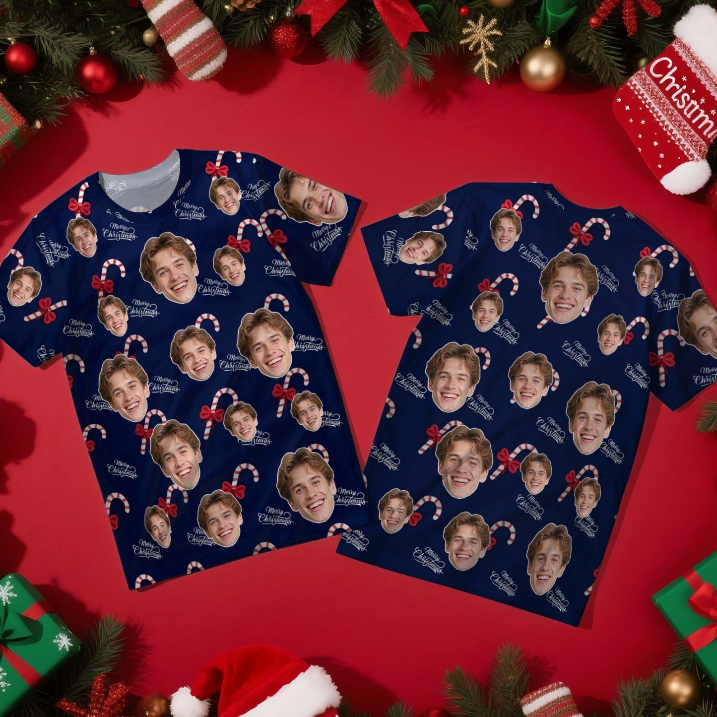 Custom Christmas T-Shirt with Photo Red Snowflakes Santa Claus Personalized Holiday Tee for Family Friends Couples Christmas Gift - MyFaceSocksAU