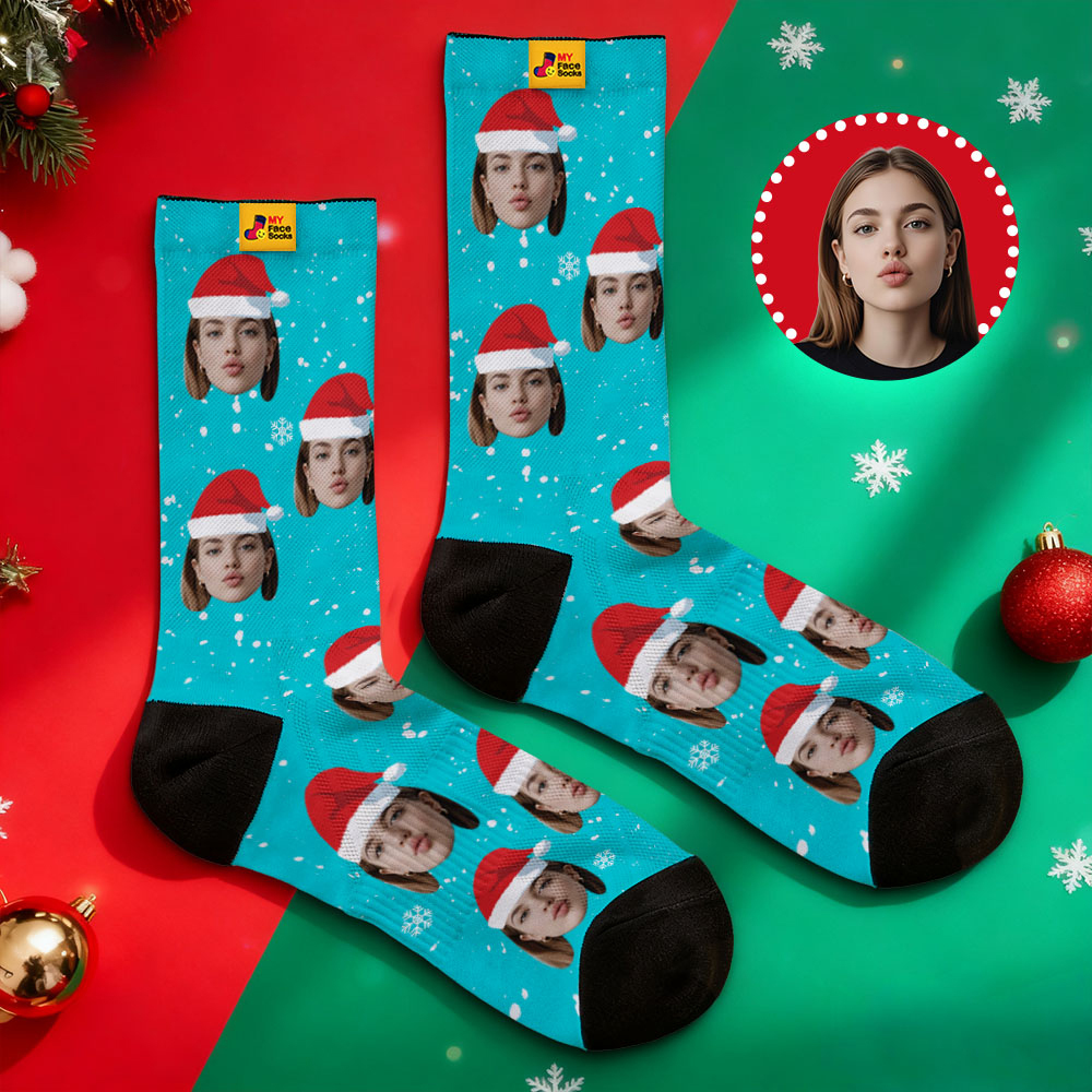 Personalized Christmas Socks Black SantaPhoto Socks Custom Christmas Socks Gift for Family Couple - MyFaceSocksAU