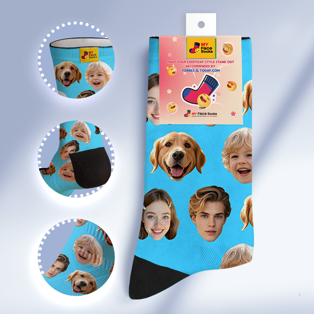 Custom Face Socks Personalized Socks with Faces Photo Blue Funny Gift Photo Family Socks - MyFaceSocksAU