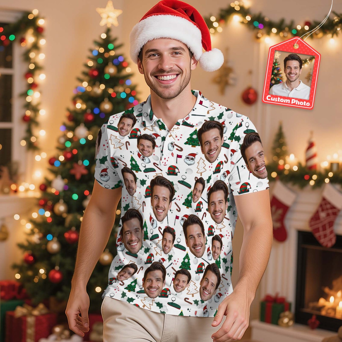 Personalized Christmas Light Tree Polo Shirt Festive Holiday Polo for Men Custom Face Christmas Tree Polo Shirt - MyFaceSocksAU