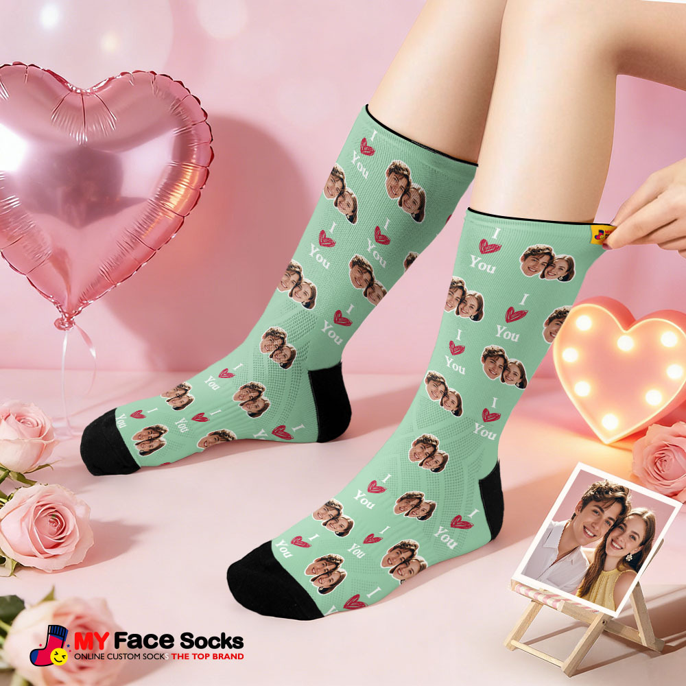 Custom Couple Theme Heart Face Socks Personalized I Love You Couple Valentine Day Socks with Photo Cute Couple Gift - MyFaceSocksAU