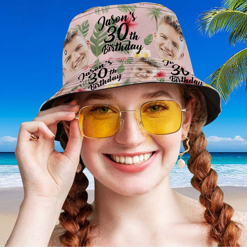Custom Face Birthday Pink Bucket Hat Unisex Face Personalized Outdoor Summer Age and Birthday Hawaiian Hats Gift - MyFaceSocksAU
