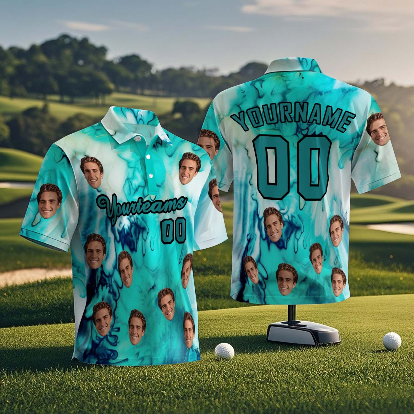 Custom Face Polo Sunset Blue Palm Trees Golf Polo Shirt Text or Not Team Polo Shirt - MyFaceSocksAU