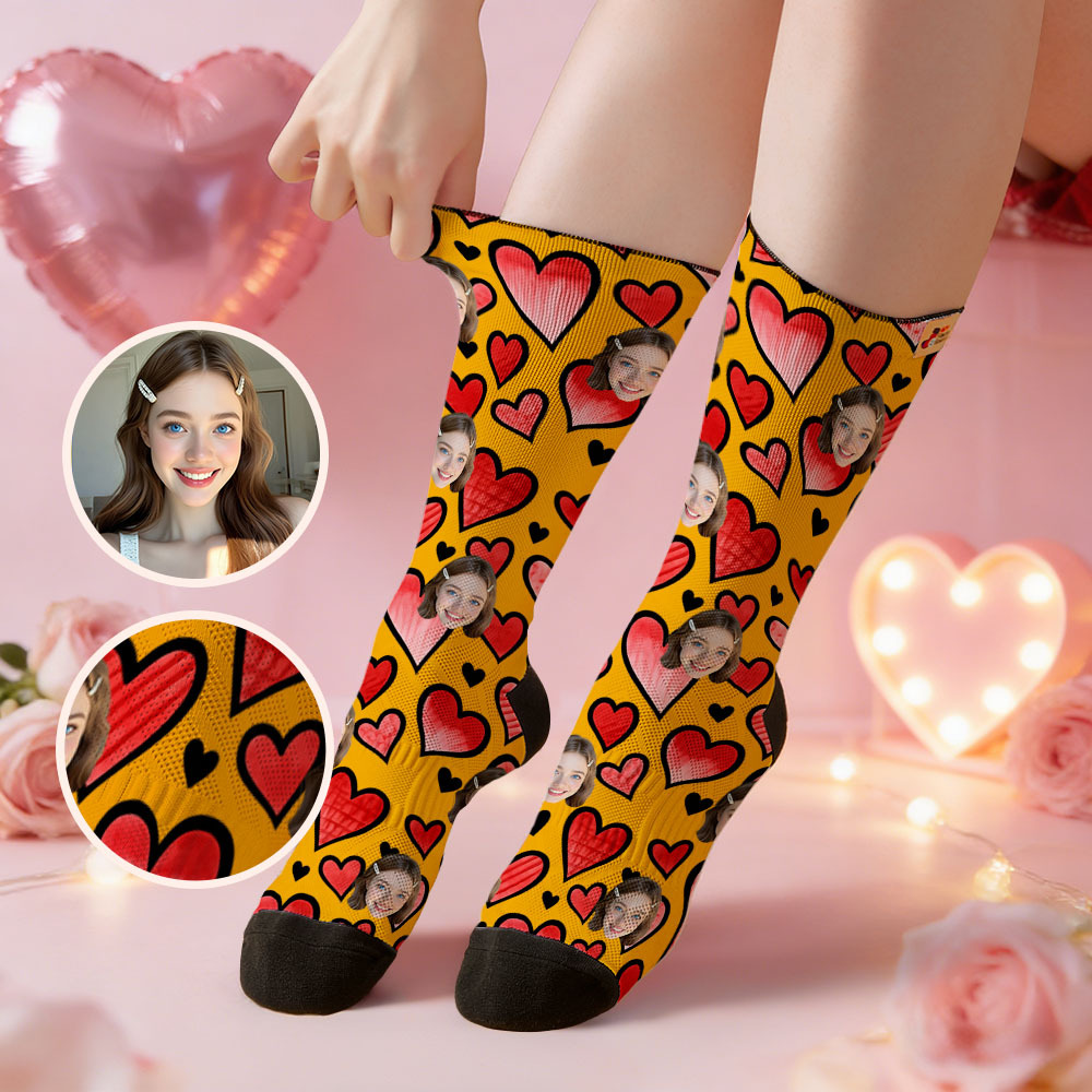Custom Colorful Face Socks Personalized Valentine Day Socks with Photo Cute Heart Pattern Couple Gift - MyFaceSocksAU