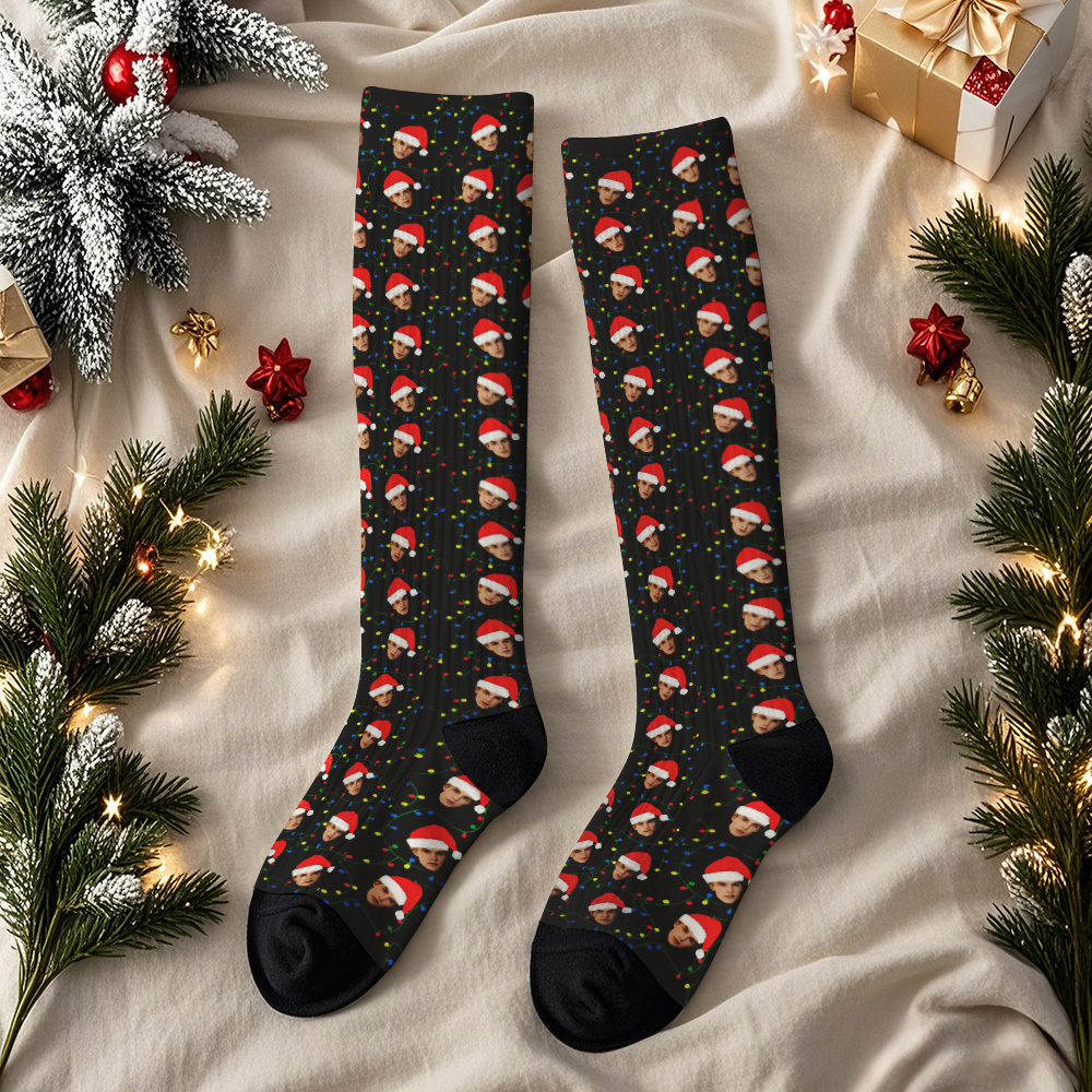 Custom Tree Gift Knee-high Socks Christmas Present Socks Custom Face Knee High Socks Fun Gift for Family Friends & Lovers - MyFaceSocksAU
