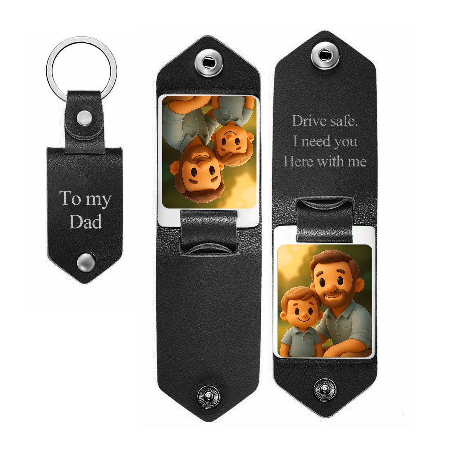 Custom Leather Dad Cartoon Poke Photo Keychain Personalized Engraved Text Commemorative Keychain Fathers Day Gifts - MyFaceSocksAU