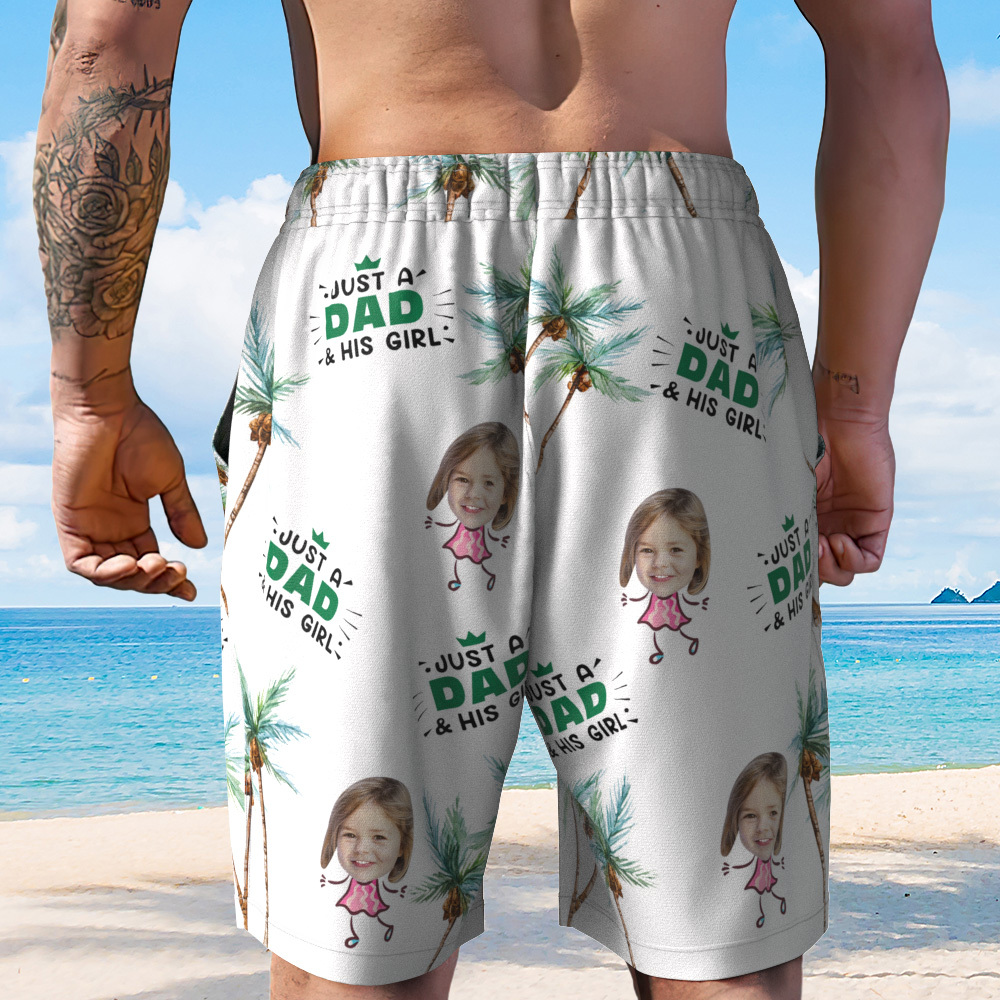 Personalized Face Mens Swim Trunks Custom Text Just A Dad and His Girl Tropical Swim Shorts for Dad - MyFaceSocksAU