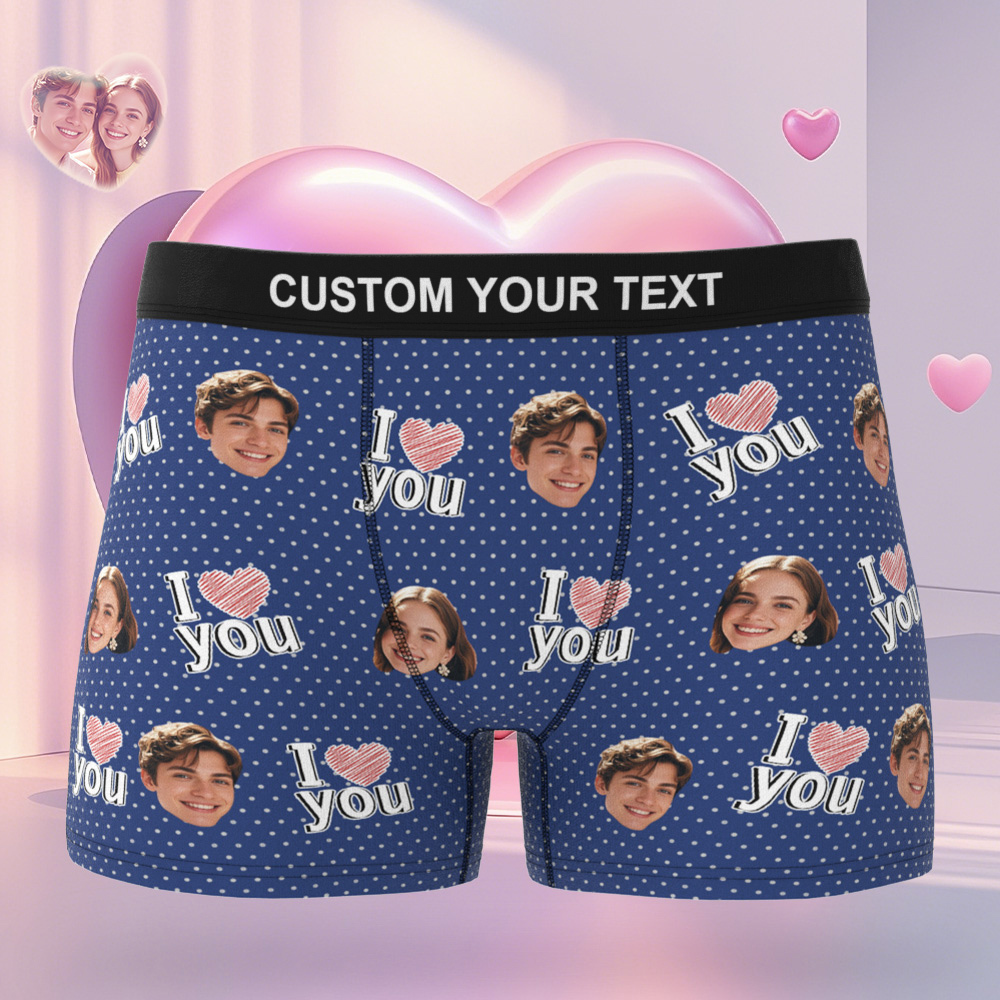Custom Face Men's Boxer Blue Underwear Gifts for Husband I Love You Heart Men Face Boxer - MyFaceSocksAU