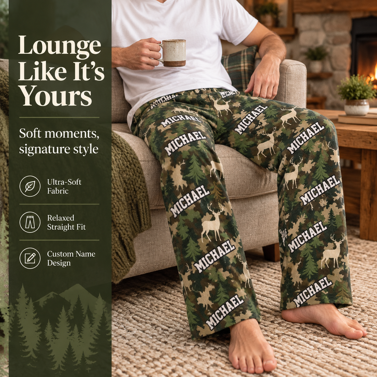 Custom Name Deer Camo Gifts for Men - Personalized Pajama Pants - MyFaceSocksAU