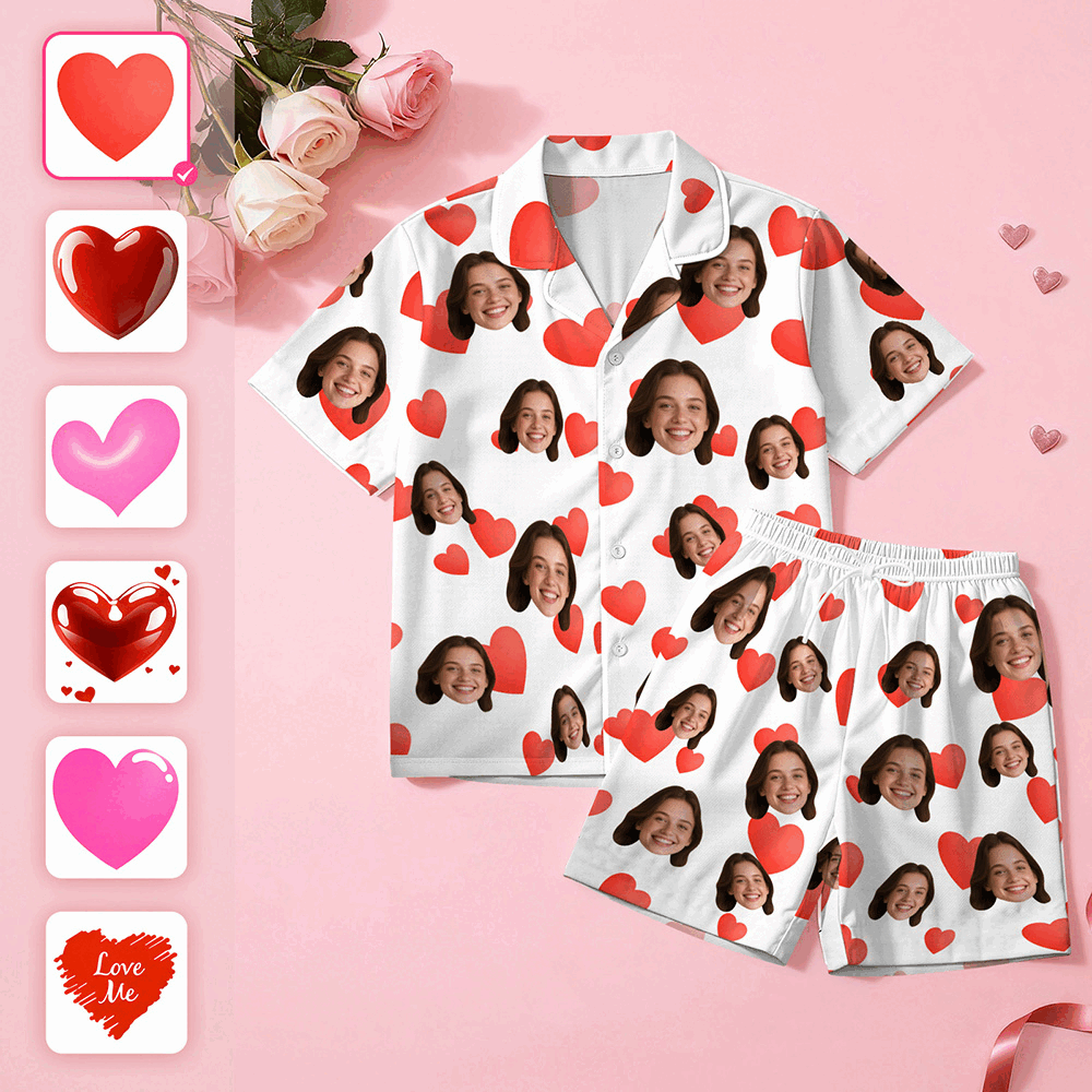 Custom Face Short Sleeve Pajamas Personalised Heart Face Couple Sleepwear Valentine Love Gifts For Her - MyFaceSocksAU