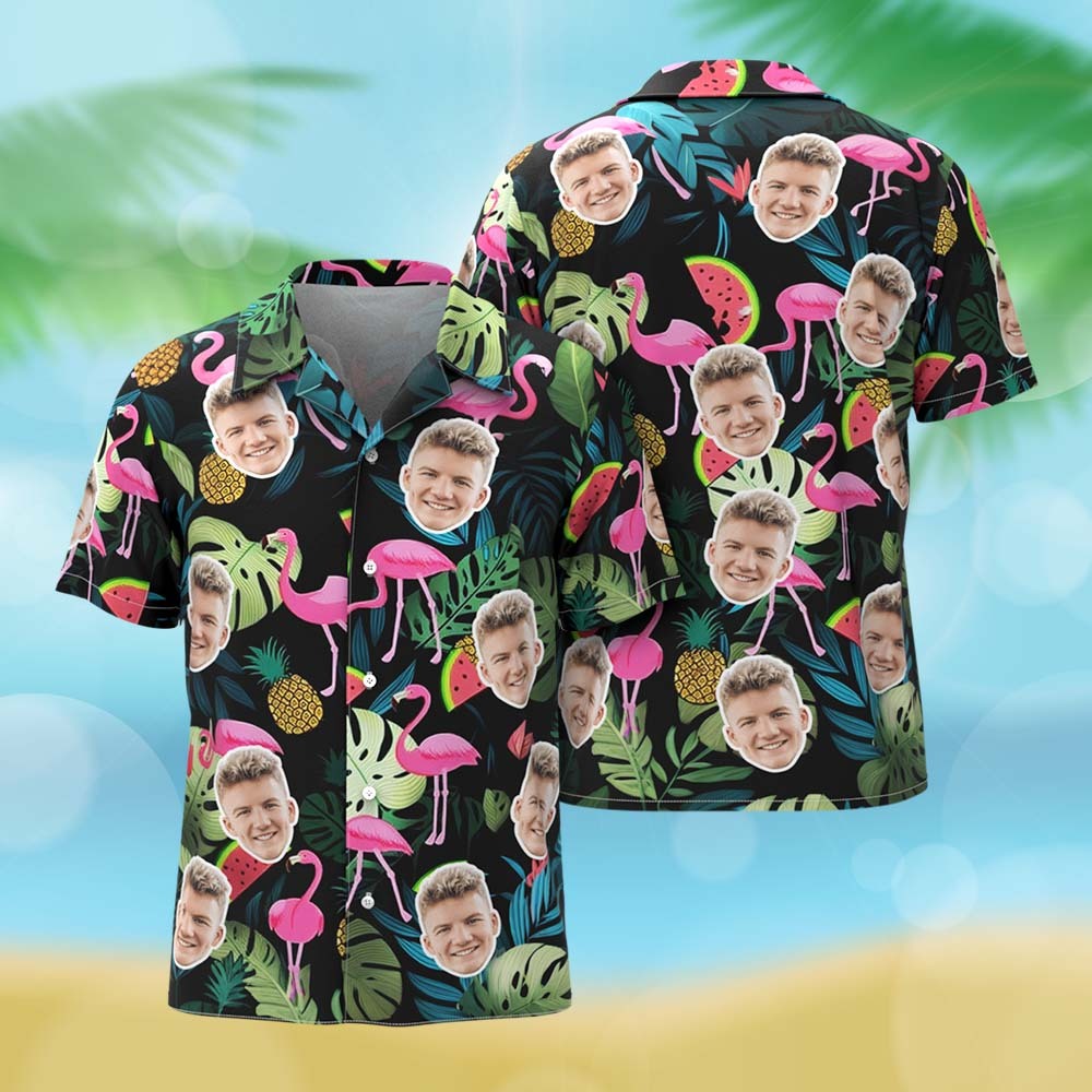 Personalized Women Green Leaves Flamingo Face Hawaiian Shirt  Face Couple Shirt Anniversary Gift For Couple - MyFaceSocksAU