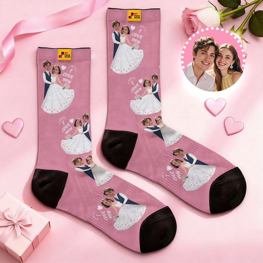 Custom Wedding Theme Purple Face Socks Personalized I Love You Valentine Day Socks with Photo Cute Couple Gift - MyFaceSocksAU