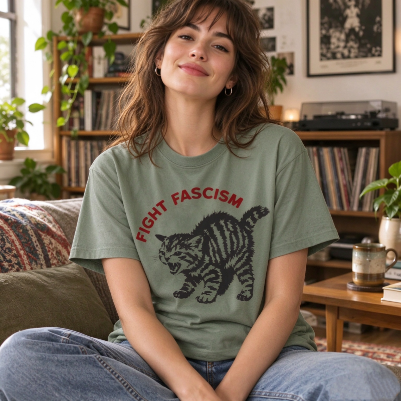 Fight Fascism Tabby Cat T-Shirt – Bold Statement Tee for Activists & Gift Givers This Holiday - MyFaceSocksAU