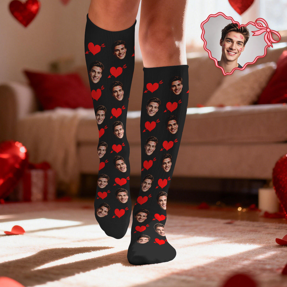 Custom Face Compression Socks Personalized Knee-High Socks with Photo Heart Face Gift for Him Her - MyFaceSocksAU