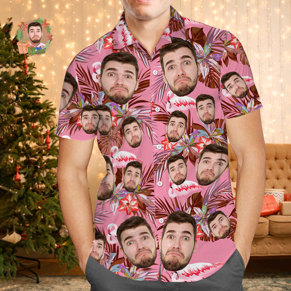 Custom Face Hawaiian Shirt Personalized Xmas Lights Flamingo Flowers And Leaves Beach Holiday Christmas Face Hawaiian Shirt - MyFaceSocksAU