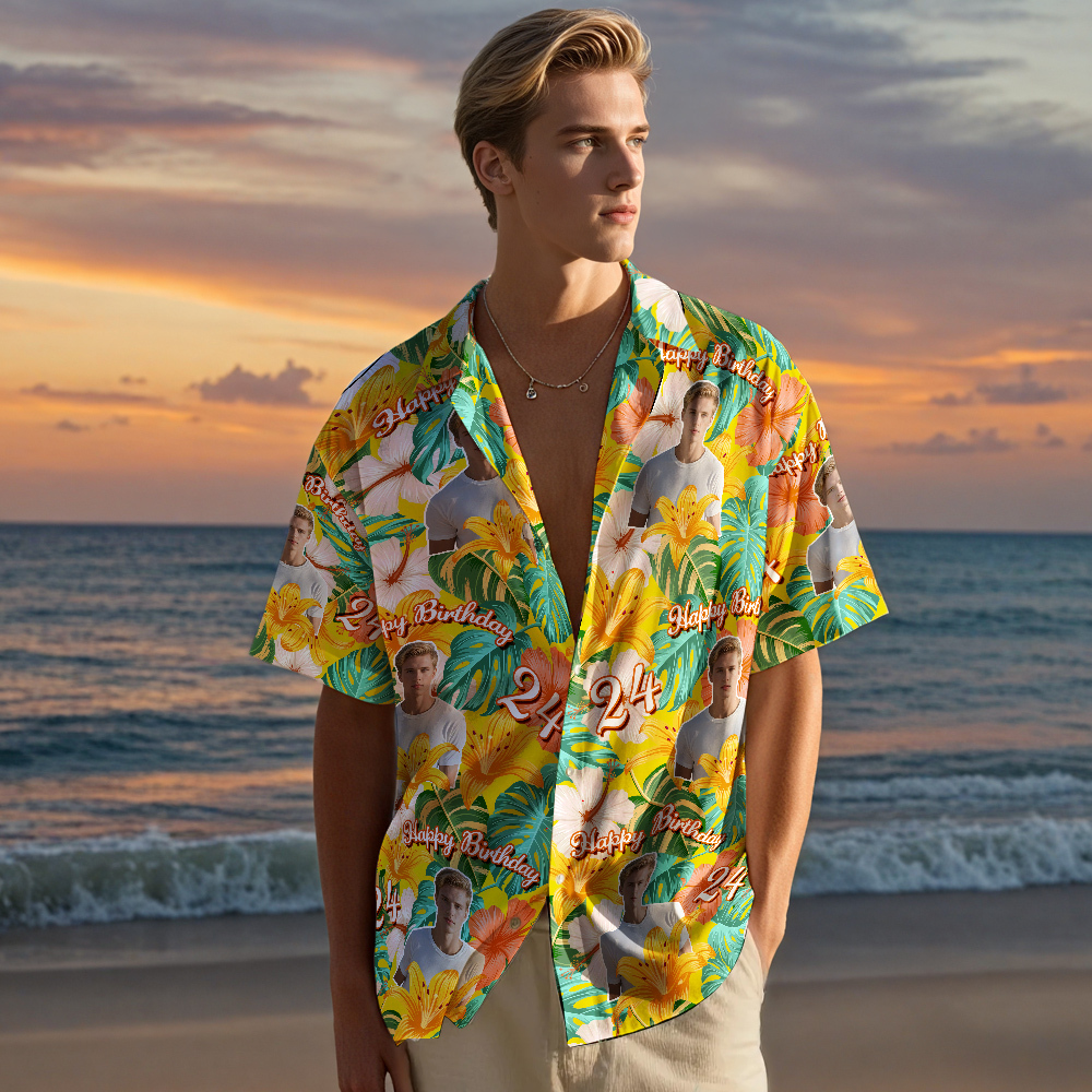 Custom Body Face Birthday Hawaiian Shirt Custom Date and Name Beer Flower and Palm Tree Shirt 5-STYLES - MyFaceSocksAU