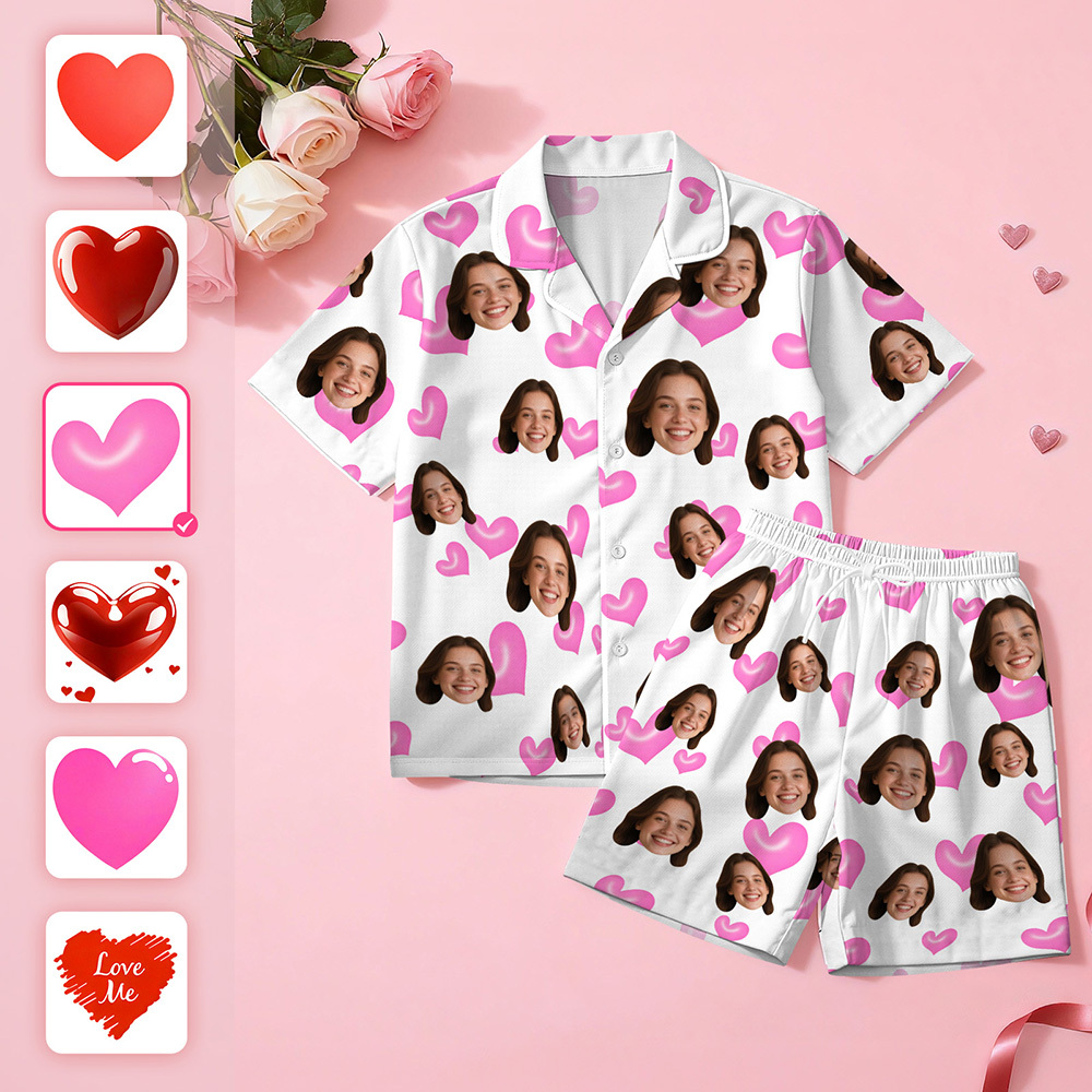 Custom Face Short Sleeve Pajamas Personalised Heart Face Couple Sleepwear Valentine Love Gifts For Her - MyFaceSocksAU