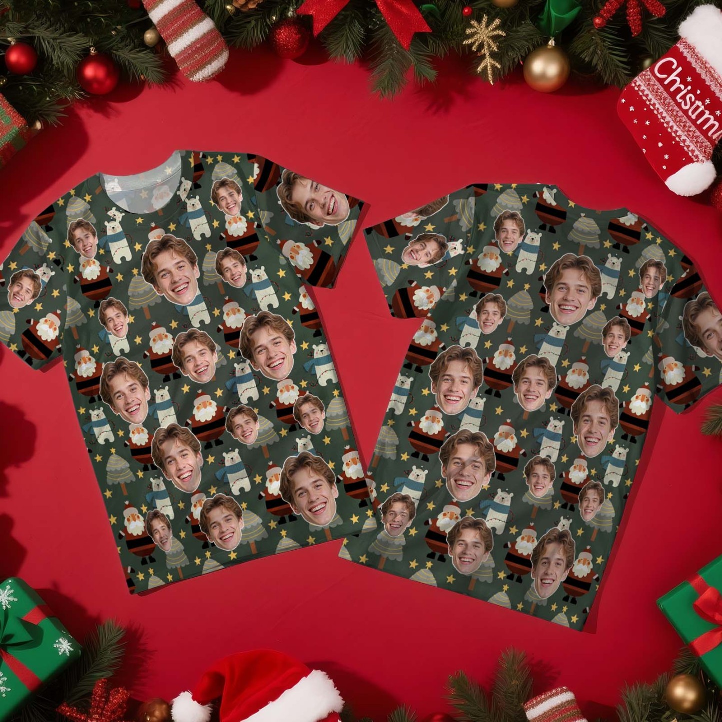 Custom Christmas T-Shirt with Photo Red Snowflakes Santa Claus Personalized Holiday Tee for Family Friends Couples Christmas Gift - MyFaceSocksAU