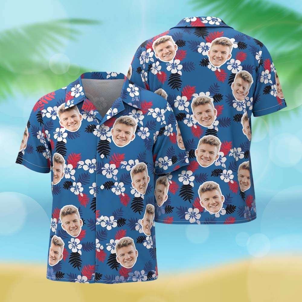 Custom Face Hawaiian Shirt Vibrant Flower Aloha Face Blue Hawaiian Shirt - MyFaceSocksAU