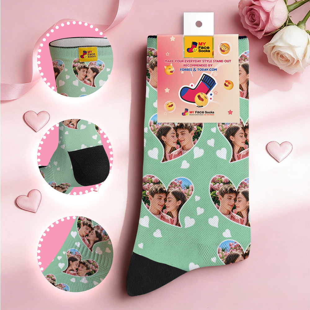 Custom Couple Theme Heart Face Socks Personalized I Love You Couple Valentine Day Socks with Photo Cute Couple Gift - MyFaceSocksAU