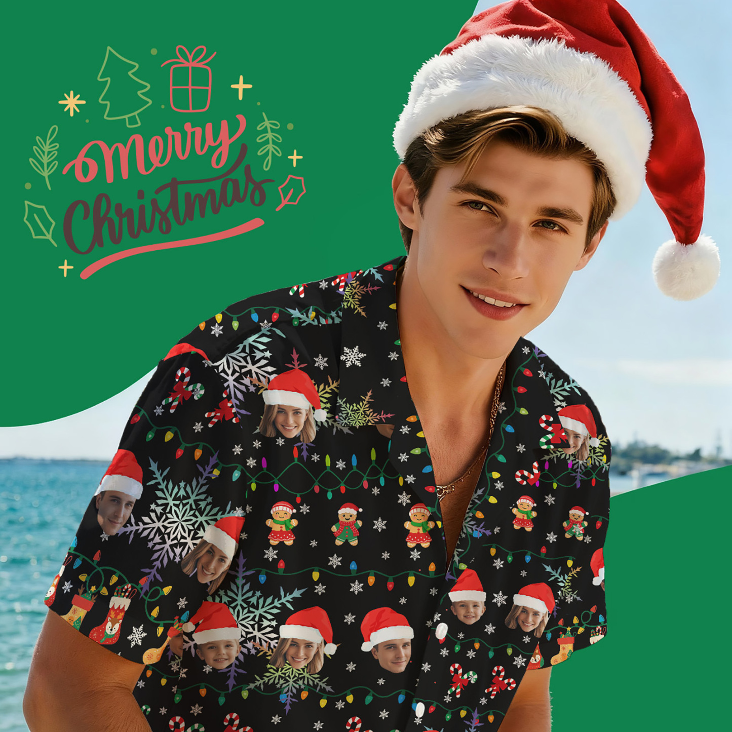 Personalized Face Hawaiian Shirt Merry Christmas Gift Custom Photo Red Christmas Tree Hawaiian Shirt Xmas Holiday Gift - MyFaceSocksAU