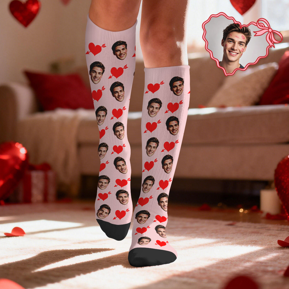 Custom Face Compression Socks Personalized Knee-High Socks with Photo Heart Face Gift for Him Her - MyFaceSocksAU