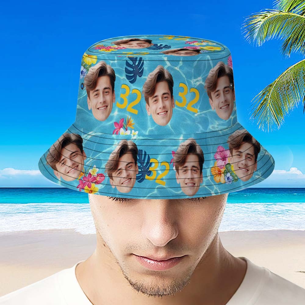 Custom Face Birthday Pink Bucket Hat Unisex Face Personalized Outdoor Summer Age and Birthday Hawaiian Hats Gift - MyFaceSocksAU