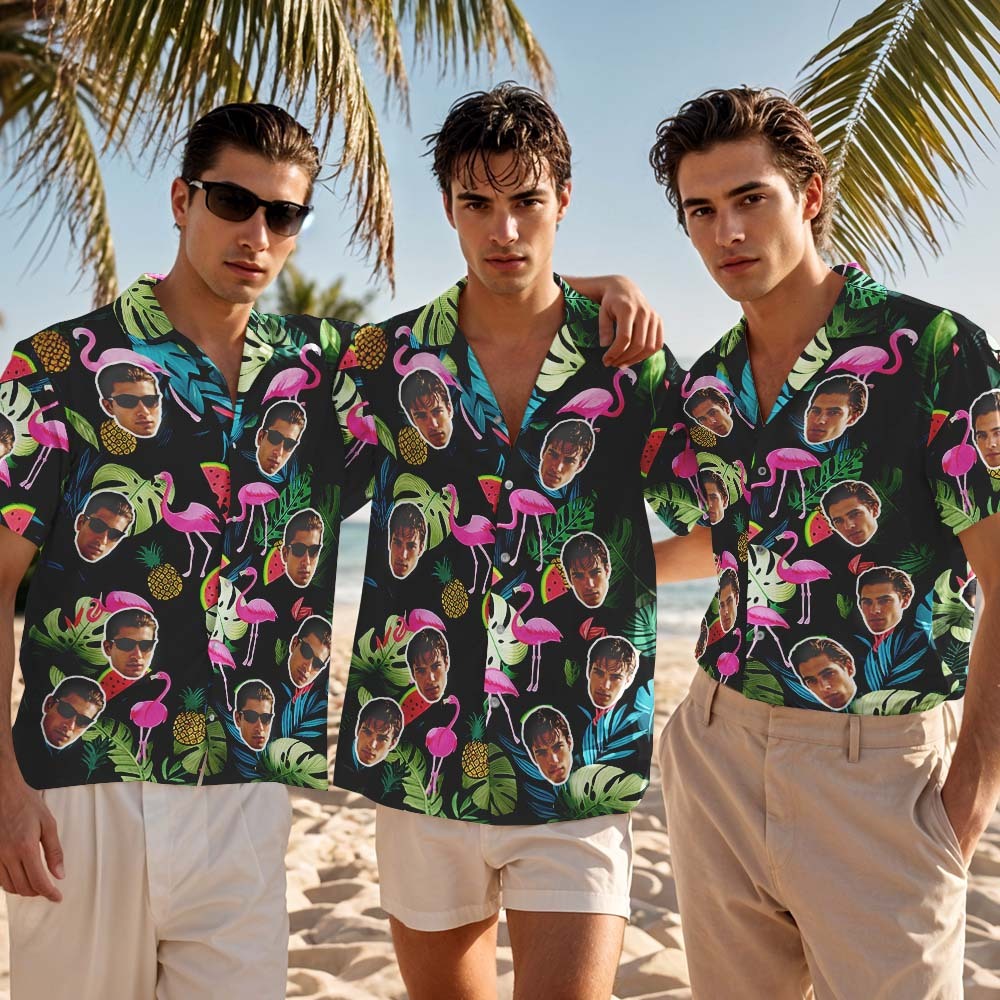 Personalized Women Green Leaves Flamingo Face Hawaiian Shirt  Face Couple Shirt Anniversary Gift For Couple - MyFaceSocksAU