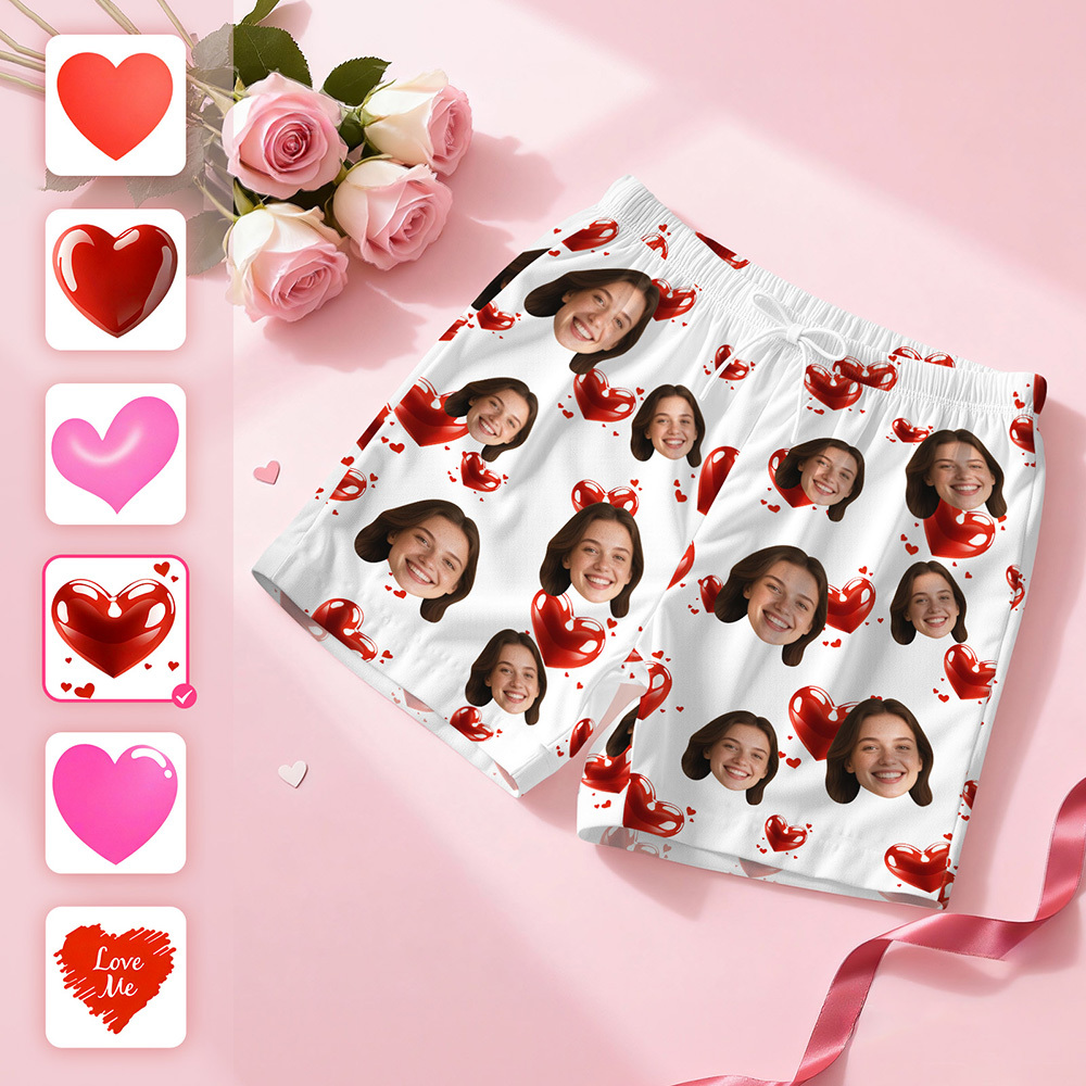 Custom Face Short Sleeve Pajamas Personalised Heart Face Couple Sleepwear Valentine Love Gifts For Her - MyFaceSocksAU