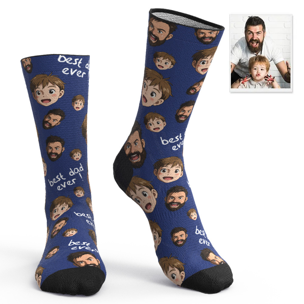 Custom Cartoon Dad Photo Print Socks Colorful Grey Blue Socks Personalized Custom Design Best Fathers Day Gift - MyFaceSocksAU