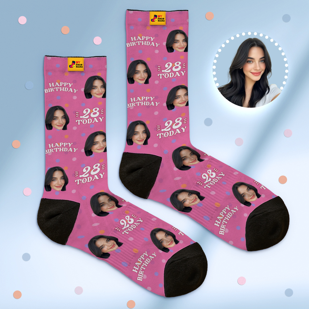 Custom Face Socks Pink Birthday Socks Personalized Birthday Polka Dot Socks with Faces Photo Funny Gift Photo Birthday Socks