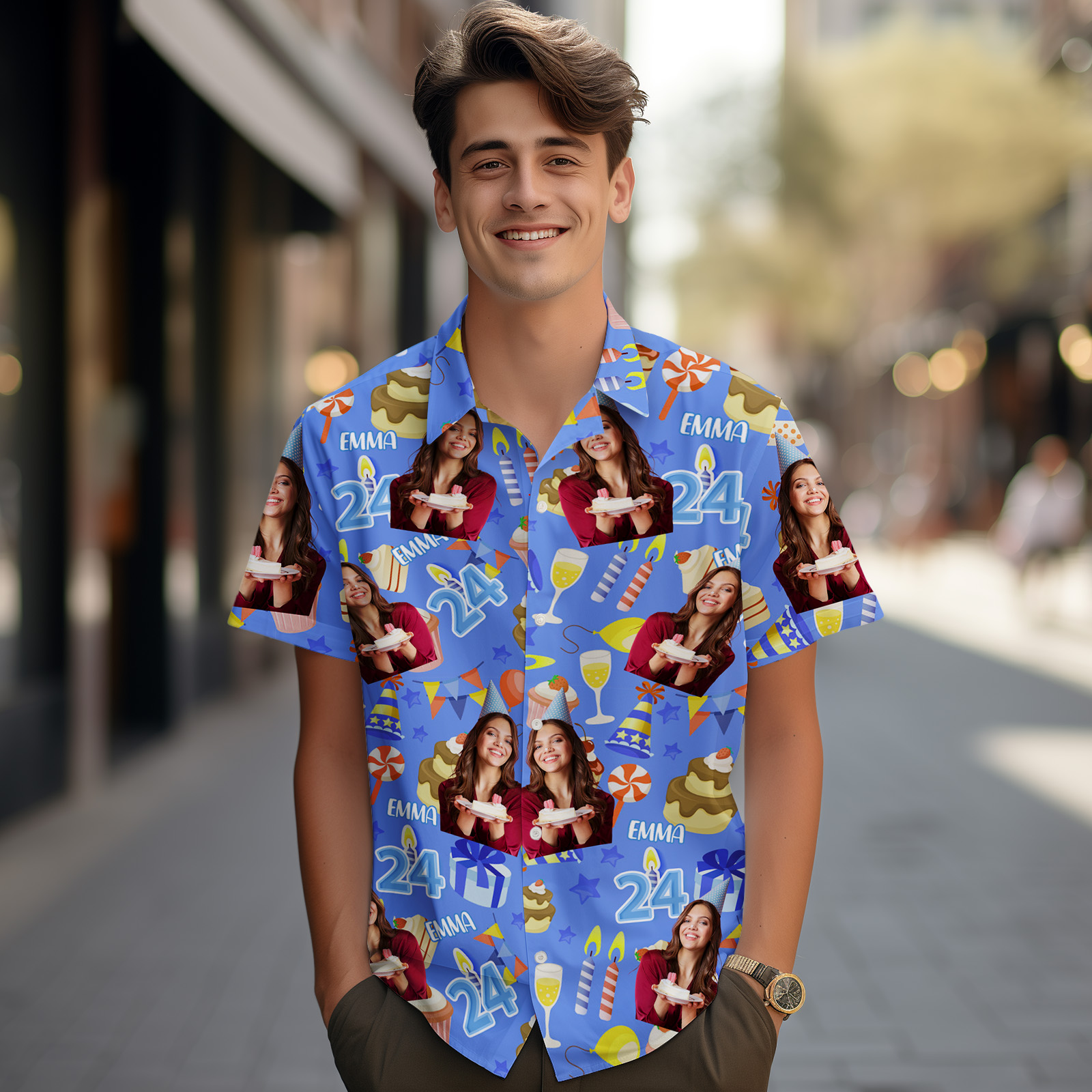 Custom Face Hawaiian Shirt Personalized Birthday Cake Name and Age Face Men Hawaiian Shirt Birthday Party Gift