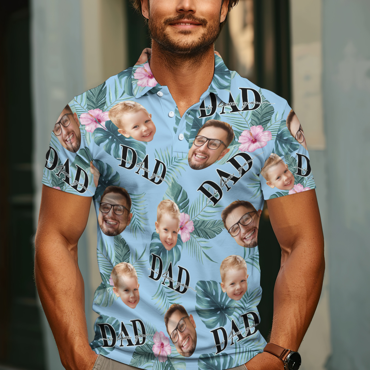 Custom Face Polo Hawaiian Blue Golf Polo Shirt Dad Beard Men's Polo Shirt Fathers Day Gift - MyFaceSocksAU