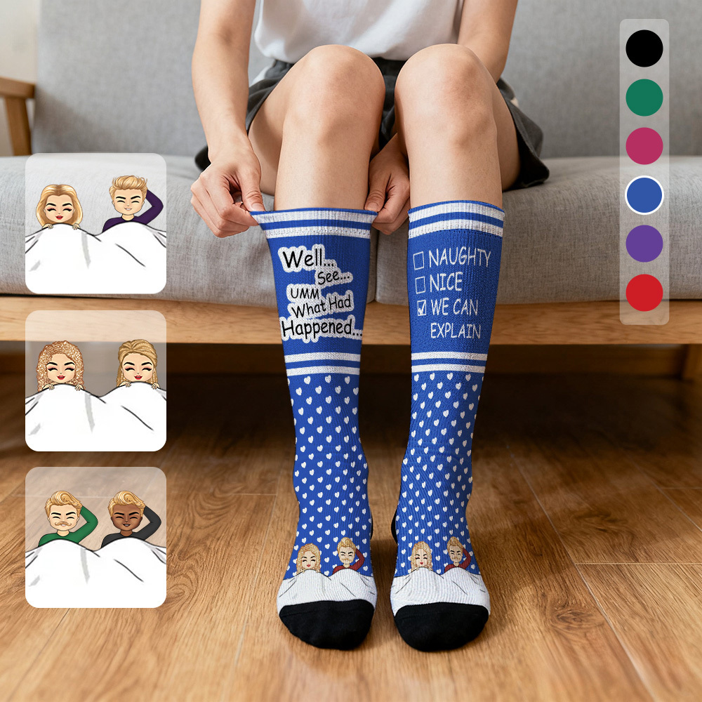 Custom Face Compression Socks Personalized Knee High Socks Purple Cartoon Socks We Can Explain Gift For Couple Lover Valentine's Day Gift - MyFaceSocksAU