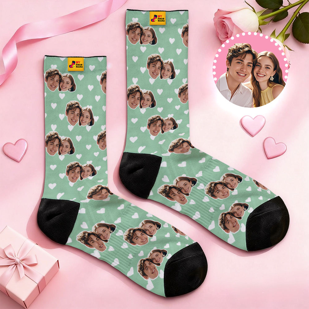 Custom Couple Theme Heart Face Socks Personalized I Love You Couple Valentine Day Socks with Photo Cute Couple Gift - MyFaceSocksAU