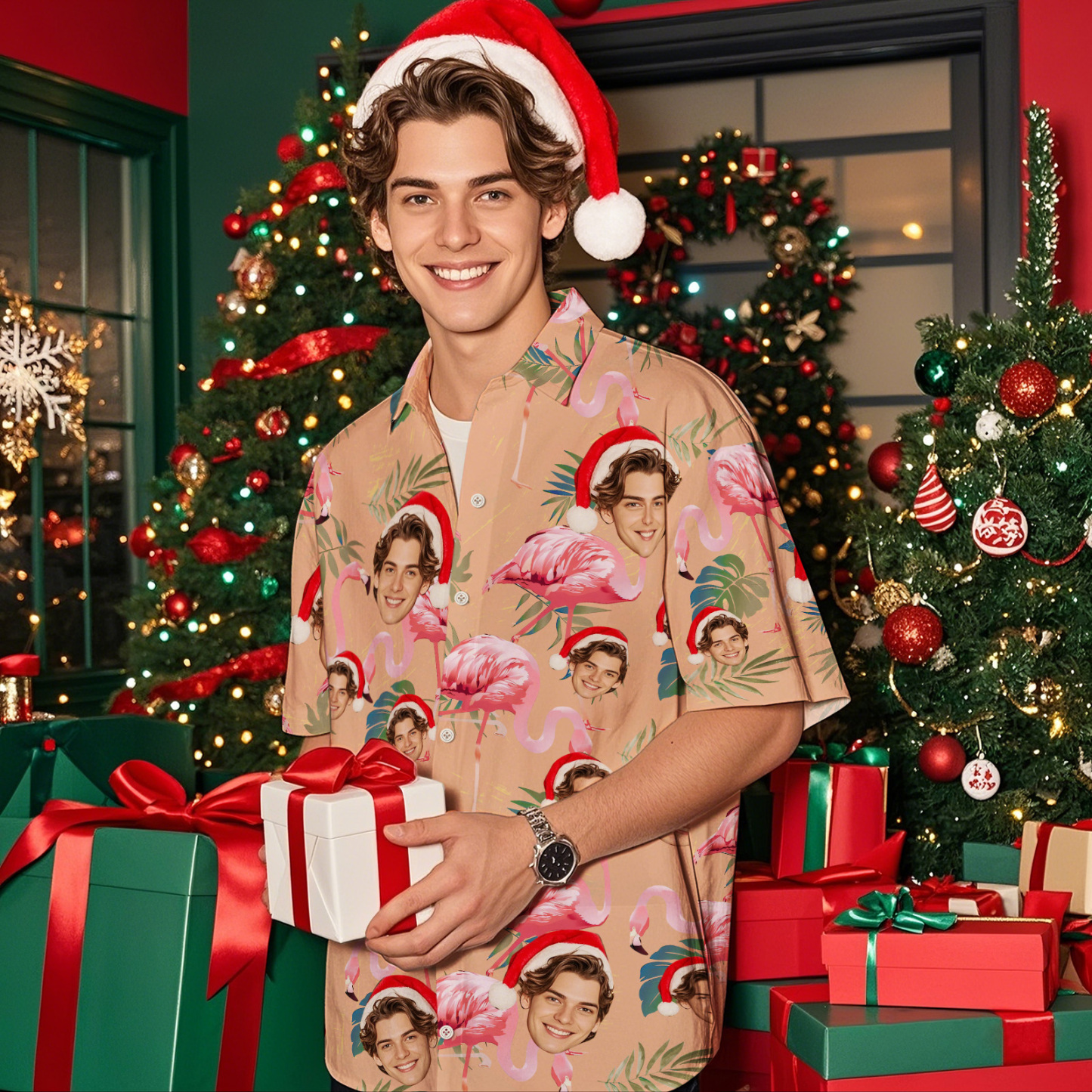 Custom Face Hawaiian Shirt Personalized Xmas Lights Flamingo Flowers And Leaves Beach Holiday Christmas Face Hawaiian Shirt - MyFaceSocksAU