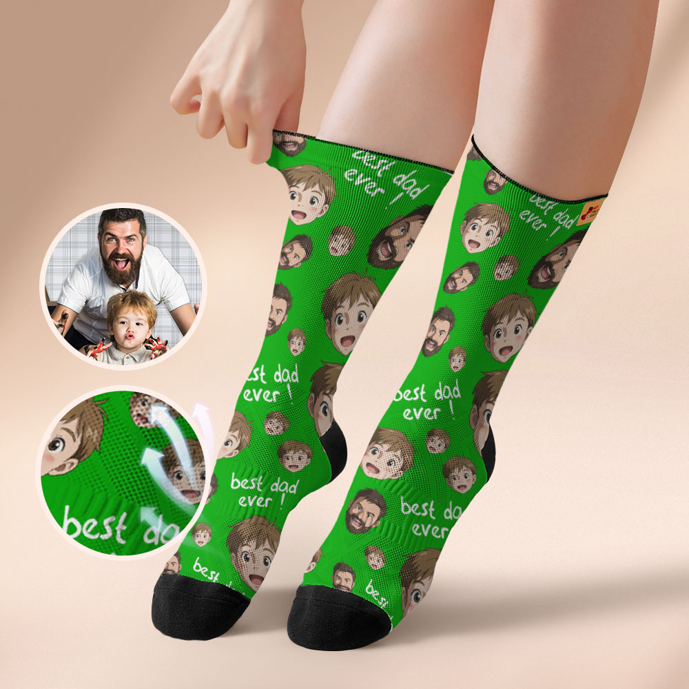 Custom Cartoon Dad Photo Print Socks Colorful Grey Blue Socks Personalized Custom Design Best Fathers Day Gift - MyFaceSocksAU