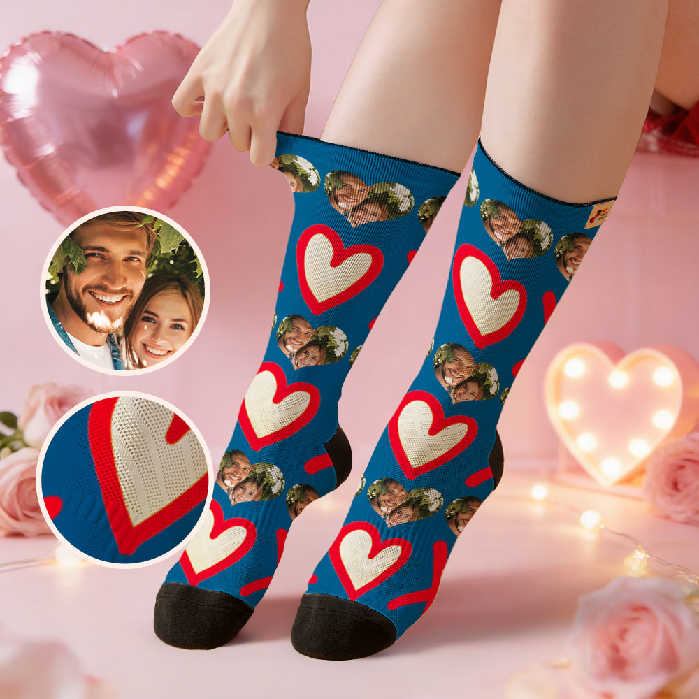 Custom Colorful Face Socks Personalized Valentine Day Socks with Photo Cute Heart Pattern Couple Gift - MyFaceSocksAU