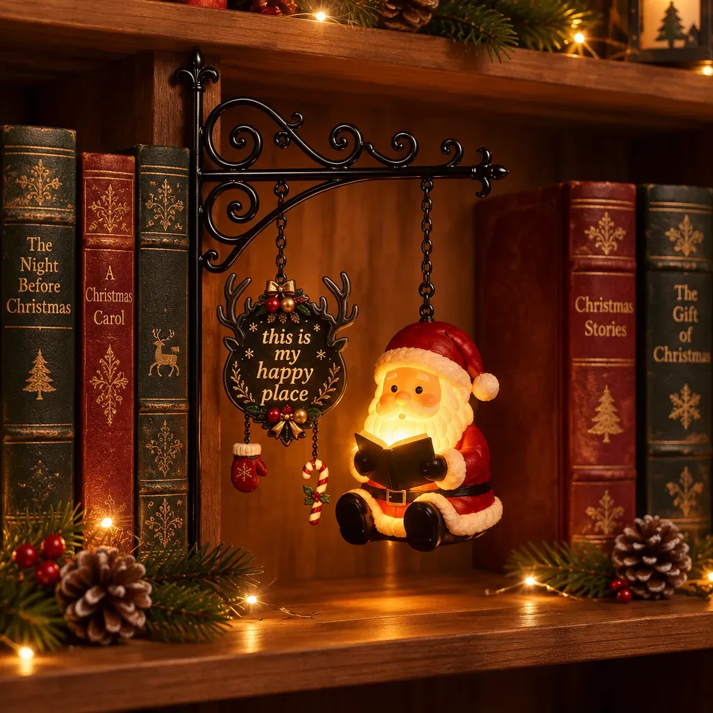 Christmas Bookshelf Light - Santa Reading Ornament for Library, Home Decor Gift for Book Lovers - MyFaceSocksAU
