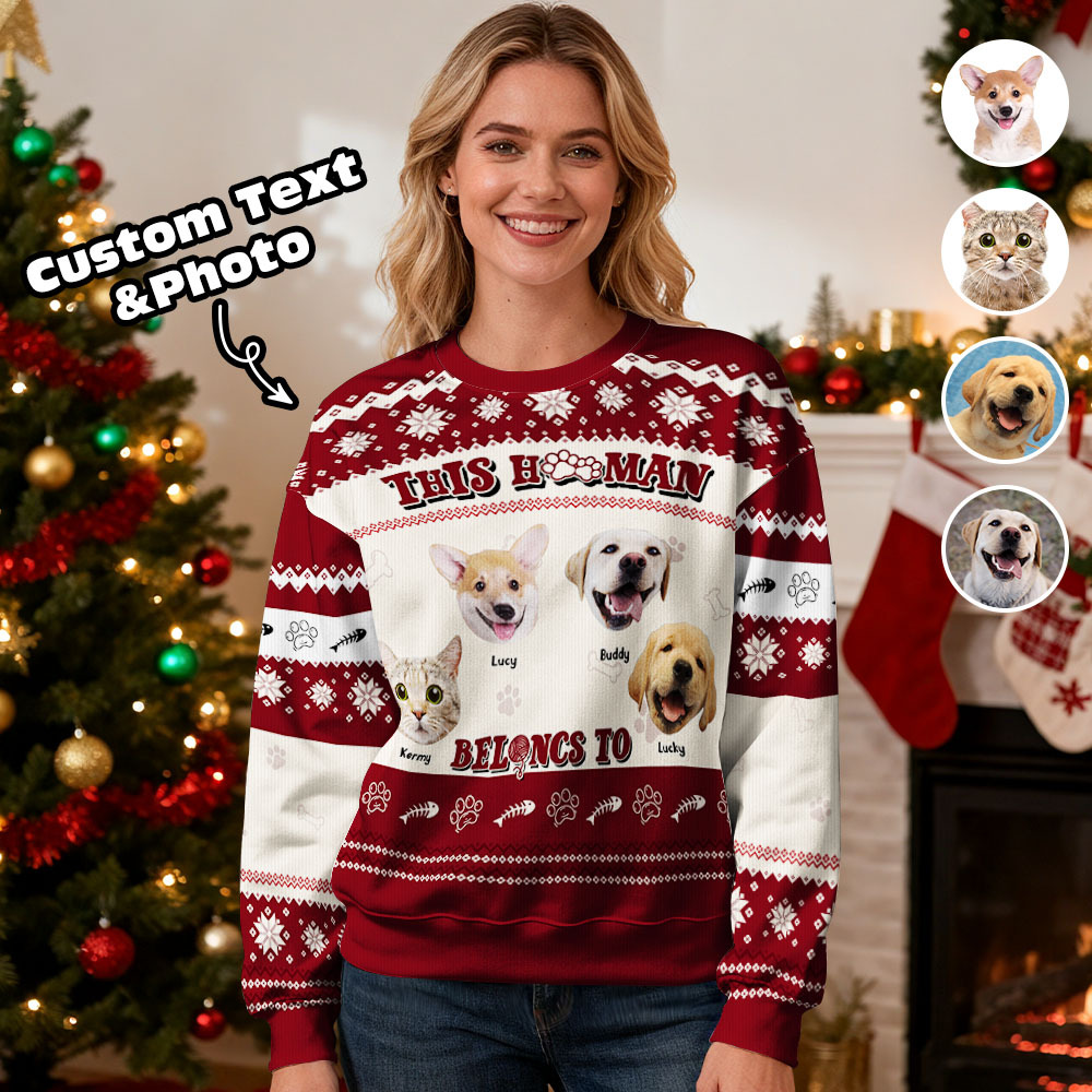 Custom Face Round Neck Hoodie Personalized Custom Photo Black Christmas Gifts For Family Cute Pet Face Sweater Xmas Leds Unisex Hoodies - MyFaceSocksAU